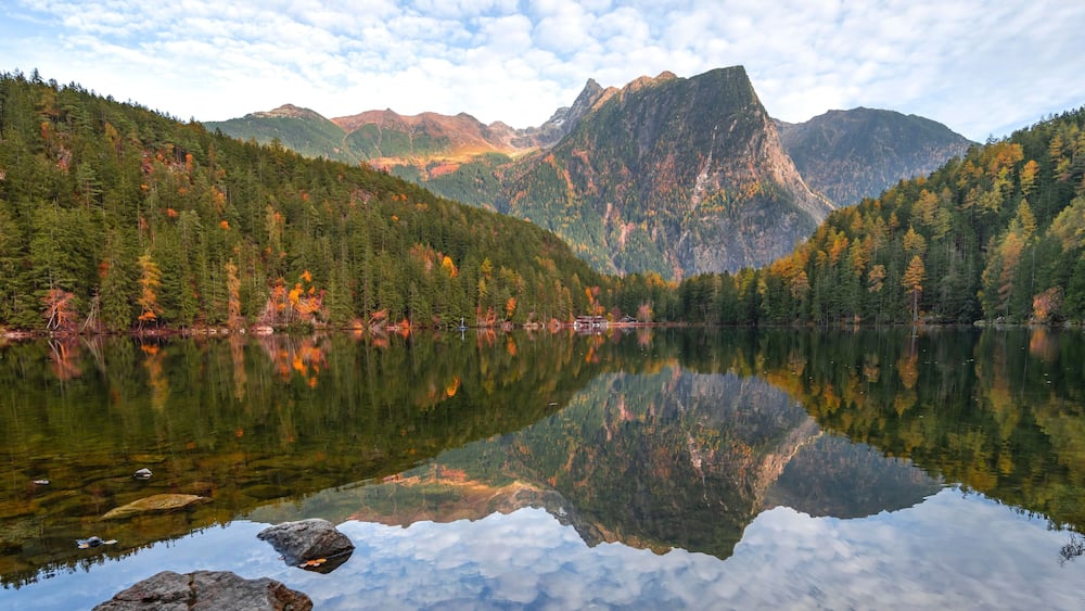 A calm lake reflecting mountains, dense forest, and a clear sky.