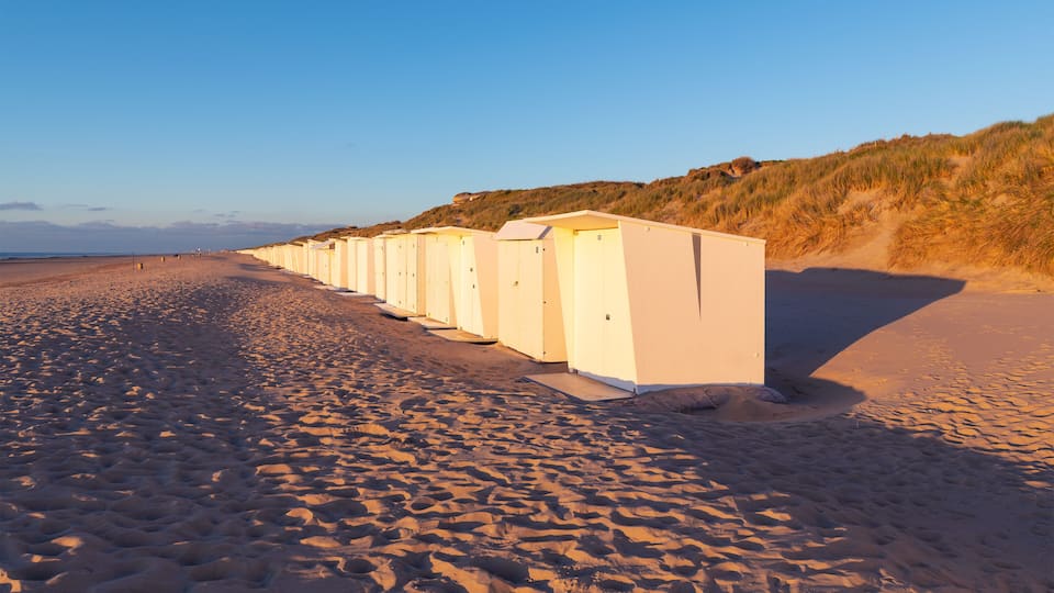 A beach with a row of white beach huts and sand dunes in the background.