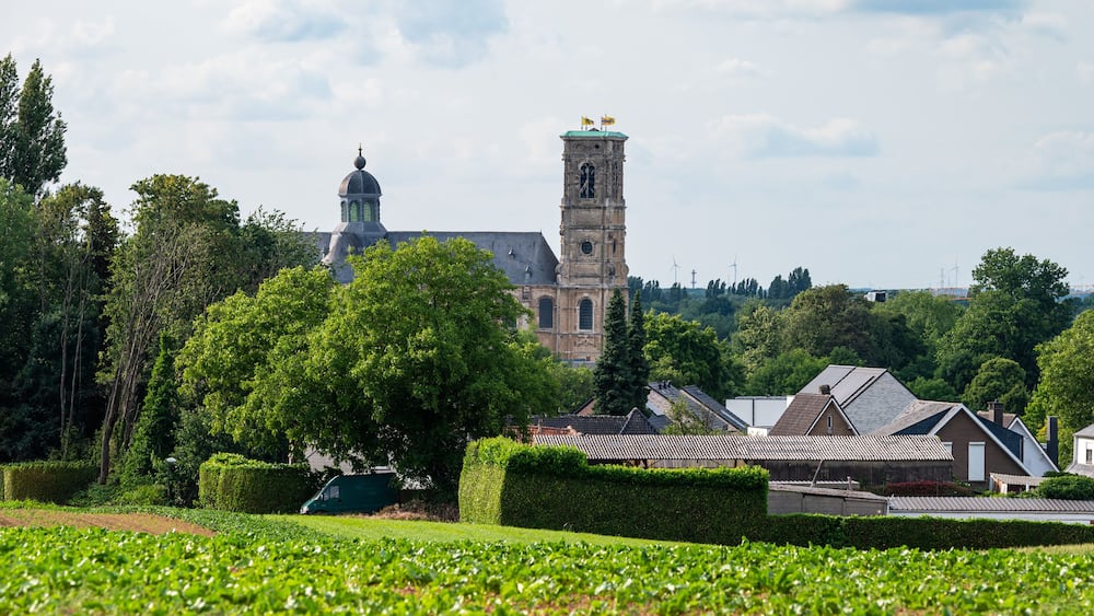 Une église historique, dotée d’un clocher imposant et d’un dôme plus petit, entourée d’une végétation luxuriante et de bâtiments résidentiels.