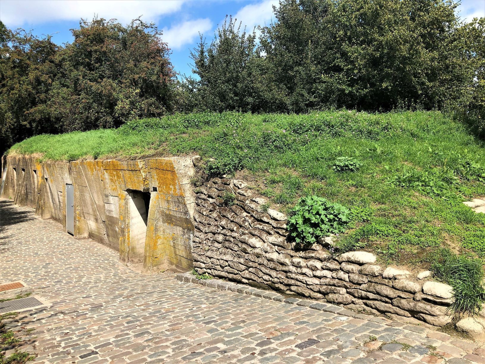 A stone wall with a small opening, a cobblestone path, and green vegetation.