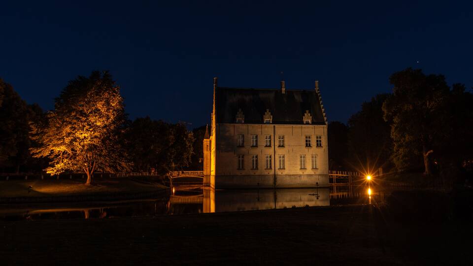 A large, illuminated castle at night with a moat in front.