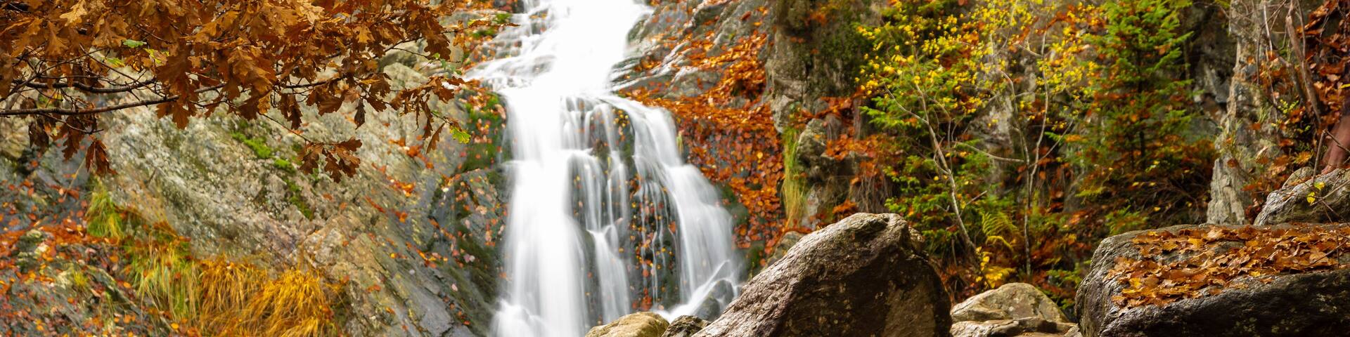 A waterfall surrounded by autumn foliage and large rocks.