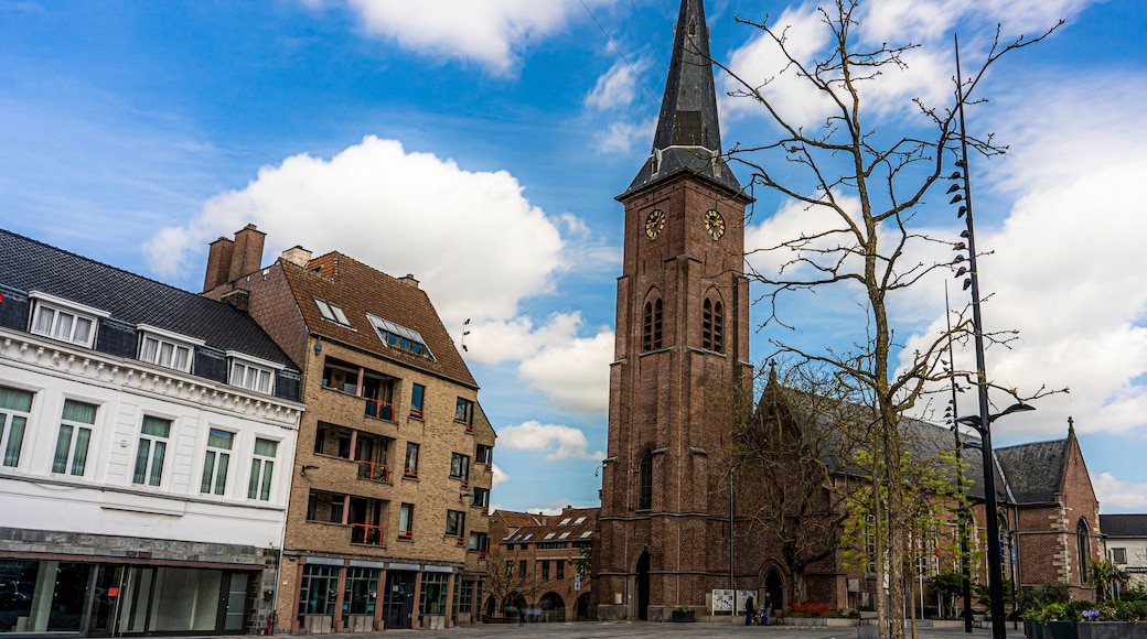 Een historisch kerkgebouw met een hoge spits en een klokkentoren, omgeven door traditionele gebouwen en een heldere lucht.