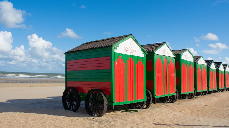 Authentic beach cabins on wheels in De Panne, Westhoek, Belgium