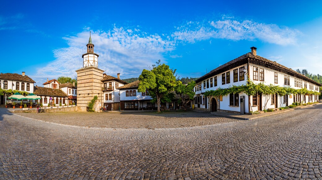 Beautiful view of the Clock tower and the old town in the architectural traditional complex in Tryavna, Bulgaria