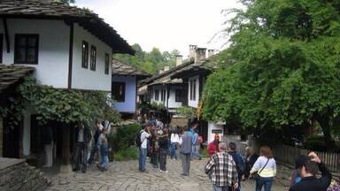 A cobblestone street lined with traditional buildings, a group of people walking, and greenery.