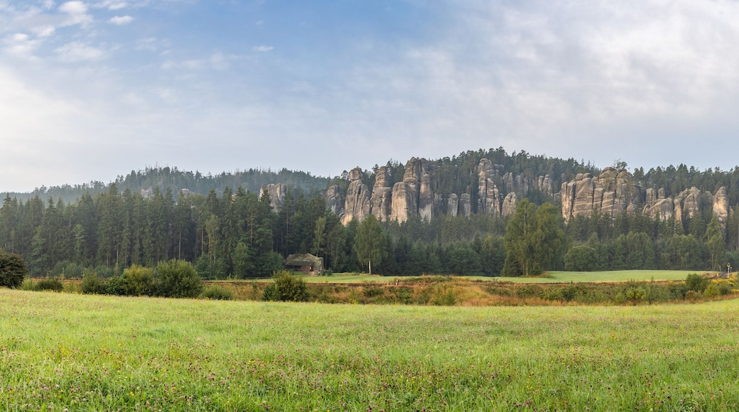 Landscape of Adrspach-Teplice Rocks area, in Hradec Kralove Region in Czech Republic, Europe. Scenic panorama of rock formations, lush forests, and a meadow under a cloudy sky, early morning light.