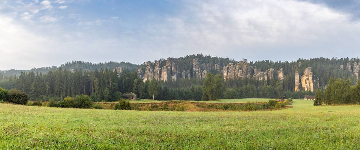 A field with a forest and rock formations in the background.