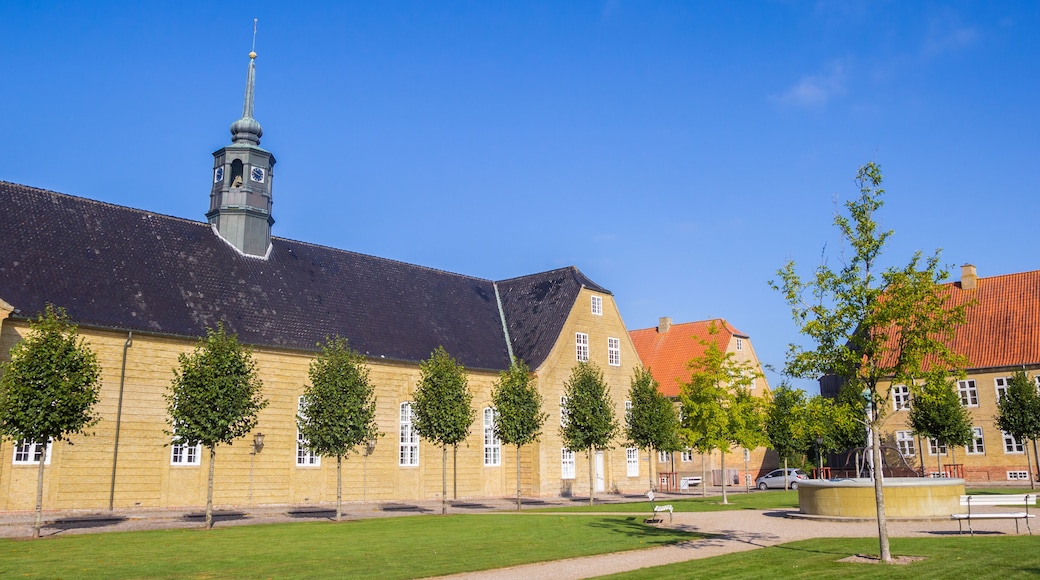 Panorama of the central square with historic church in Christiansfeld, Denmark