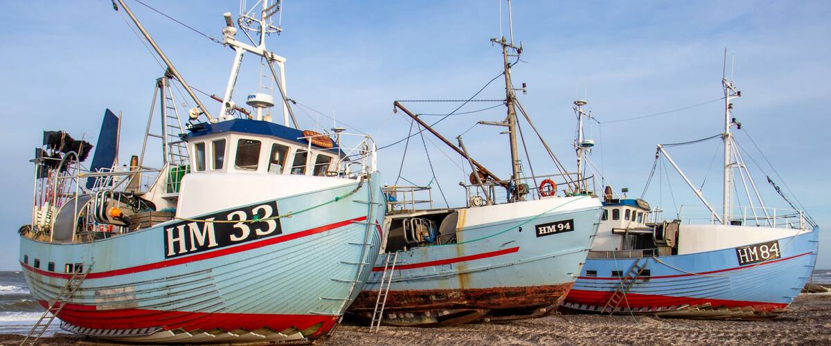 Drei Fischerboote mit sichtbaren Rumpfnummern HM 33, HM 94 und HM 84 liegen auf einem sandigen Strand.