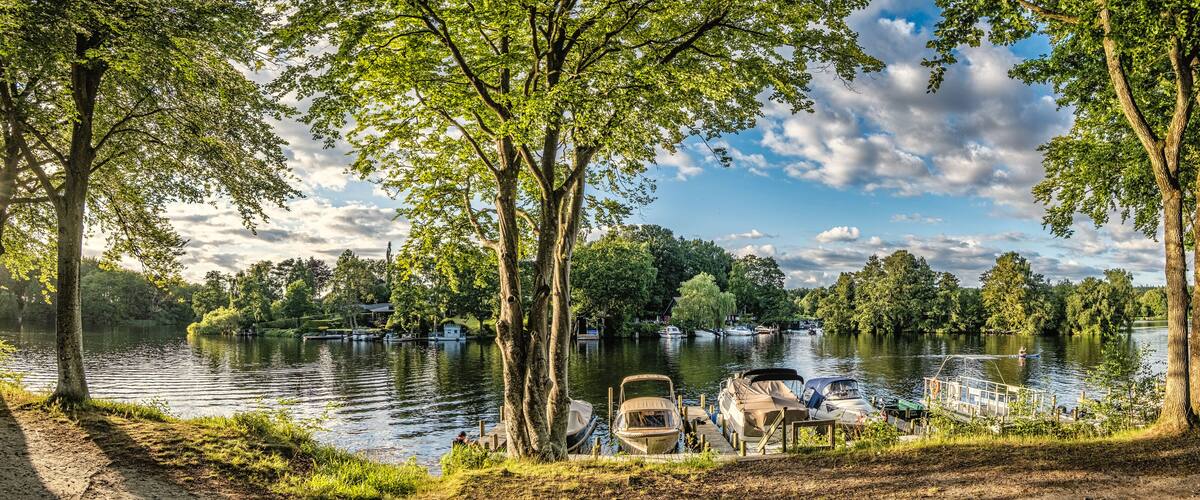 A serene lakeside scene with boats docked, surrounded by lush trees and a clear sky.
