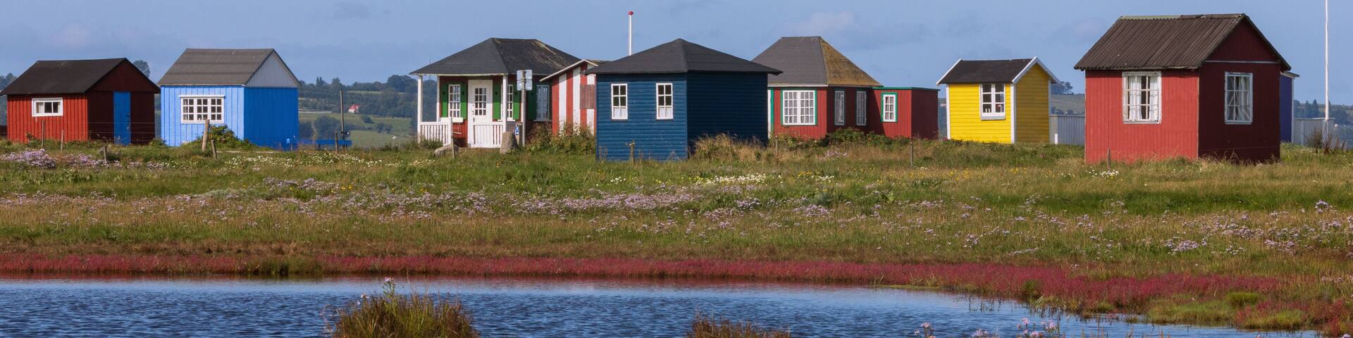 A row of colorful houses by a calm water body with a grassy field in the foreground.