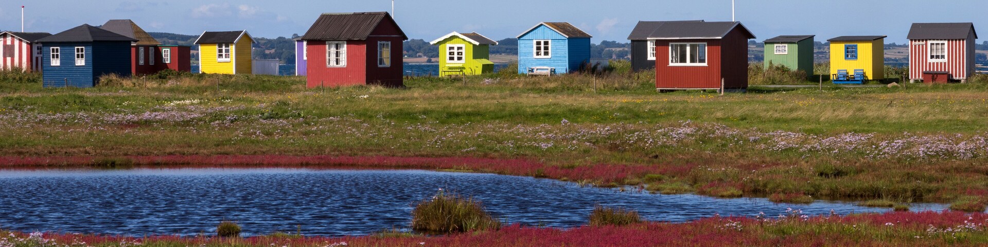 Una hilera de casas coloridas junto a un lago, con un pequeño estanque al frente.