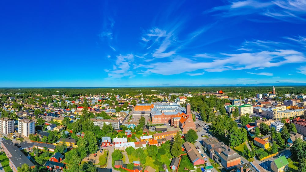 Panorama view of colorful timber houses in Neristan district of Finnish town Jakobstad