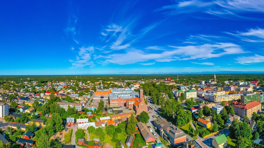Panorama view of colorful timber houses in Neristan district of Finnish town Jakobstad