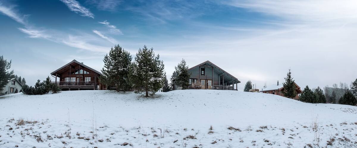 A snowy landscape with two large wooden houses on a hill, surrounded by evergreen trees.