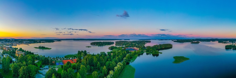 Sunset view of islands surrounding Finnish town Kuopio