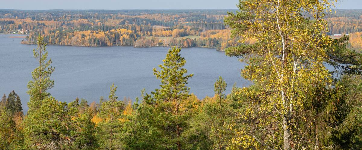 A lake surrounded by autumn-colored trees and a forested landscape.