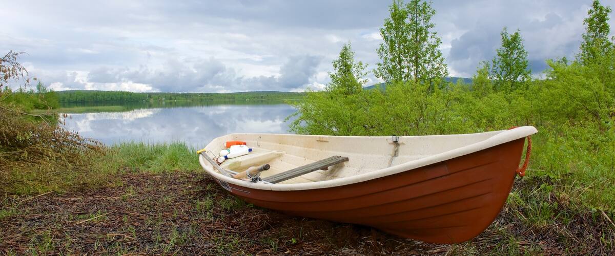 A small boat on the shore of a calm lake surrounded by greenery and trees.