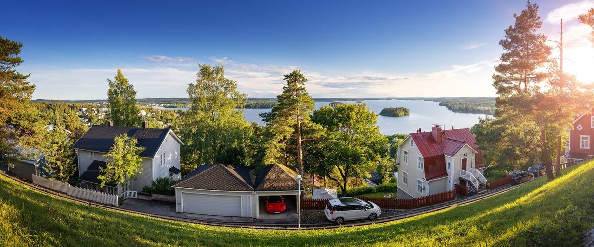 Pispala area in Tampere, Finland on beautiful sunny evening with view to lake Pyhajarvi