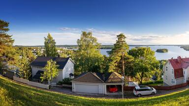 Pispala area in Tampere, Finland on beautiful sunny evening with view to lake Pyhajarvi