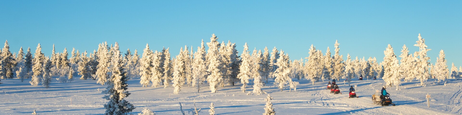 Group of snowmobiles in Lapland, near Saariselka, panoramic winter background, Finland