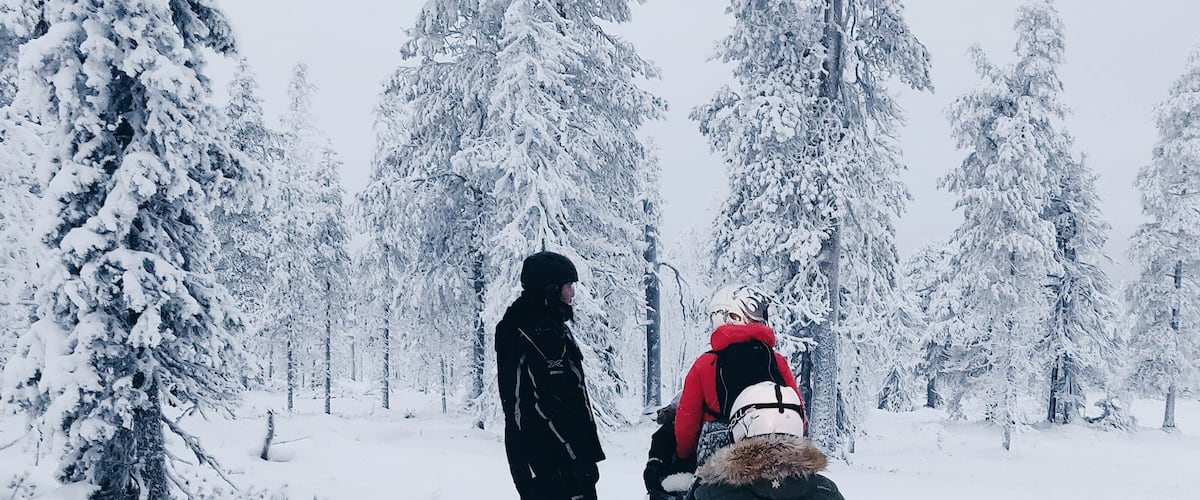 A snowy forest with a sled being pulled by two people.