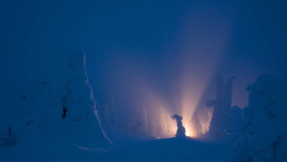 Un paysage enneigé avec une personne debout au centre, entourée d’arbres couverts de neige et d’une source de lumière vive à l’arrière-plan.