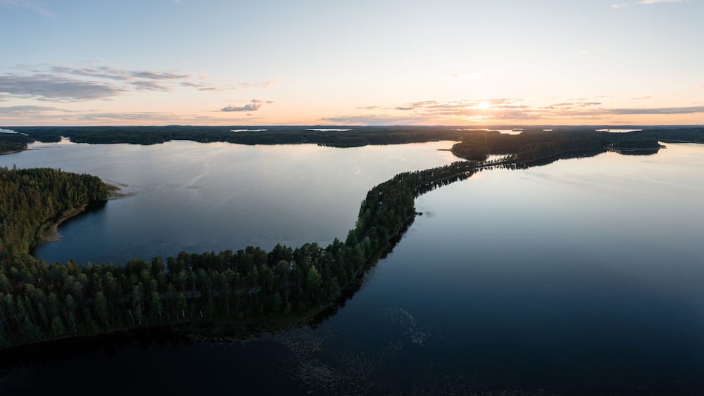 Punkaharju ridge road and Saimaa lake at dusk in Eastern Finland