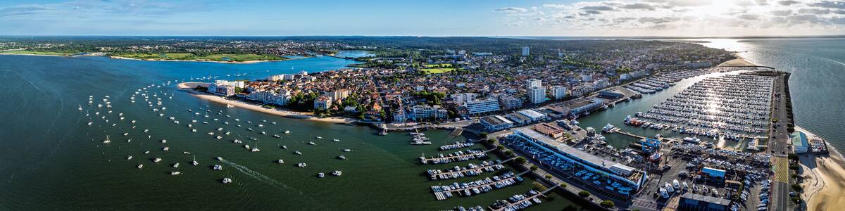 Panorama of Marina and Beach in Arcachon from a drone, Arcachon, Gironde, France, Europe