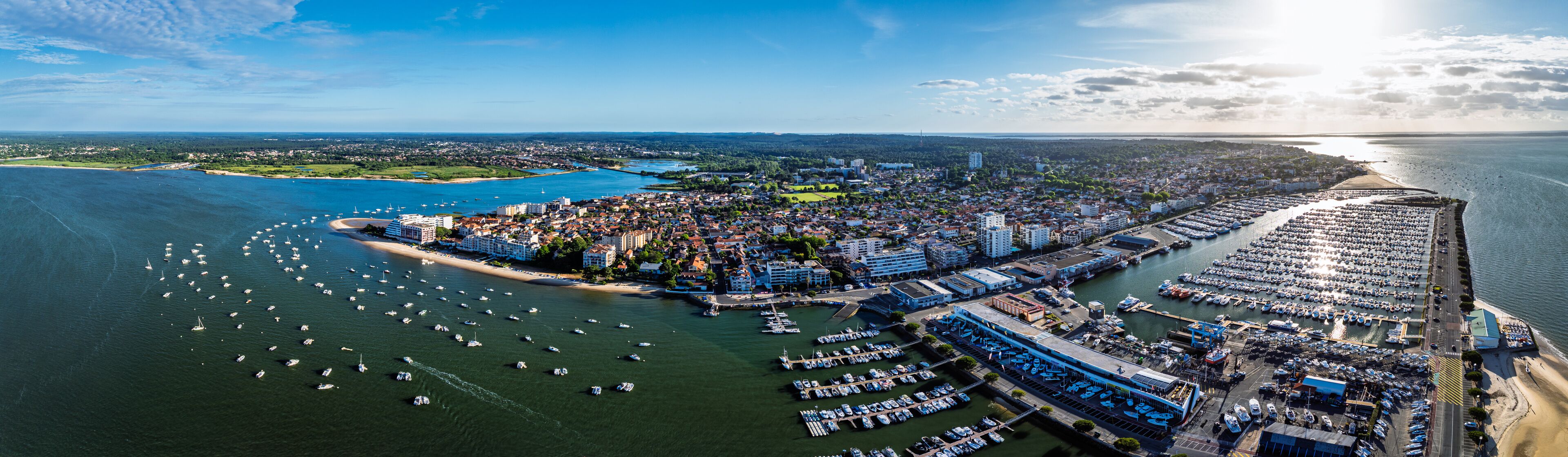 Panorama of Marina and Beach in Arcachon from a drone, Arcachon, Gironde, France, Europe