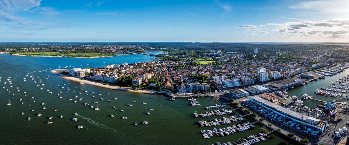Panorama of Marina and Beach in Arcachon from a drone, Arcachon, Gironde, France, Europe