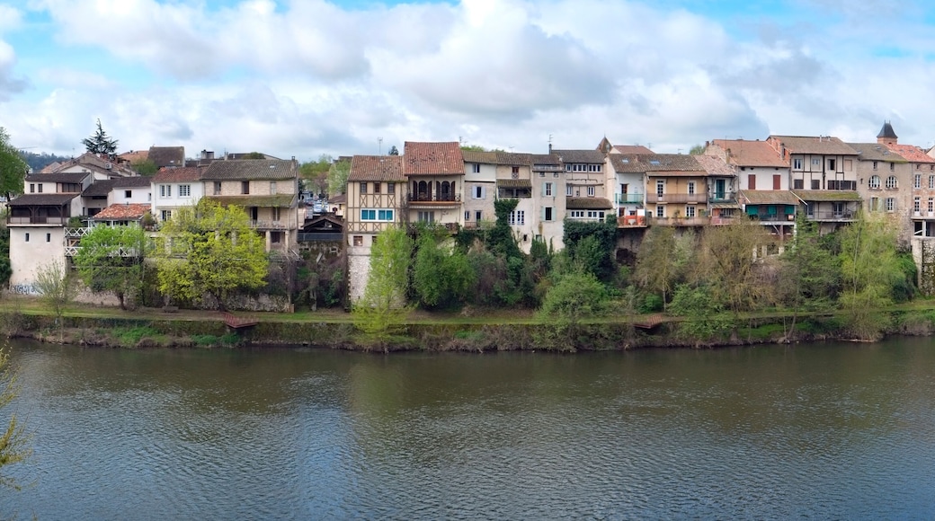 Picturesque old houses above the Lot River in the centre of Villeneuve-sur-Lot, Lot-et-Garonne, France