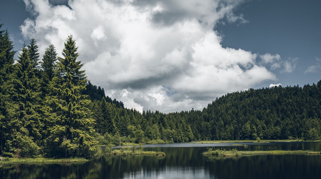 Dramatic clouds over a mountain lake - Lac de Lispach near La Bresse in Les Vosges, France; Shutterstock ID 1123374203; purchase_order: SP-1332 HA Batch 2 August 2018; Order: ; client: HomeAway; other