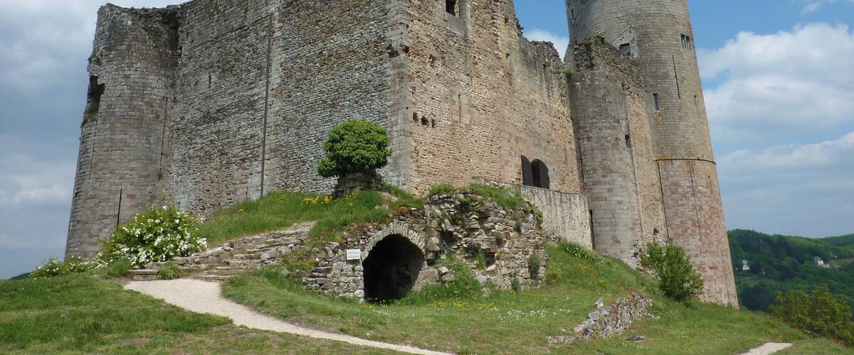 A large, historic stone castle with a prominent tower and a narrow passageway.