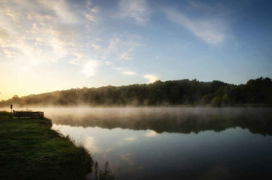 Misty morning on Uby lake, France