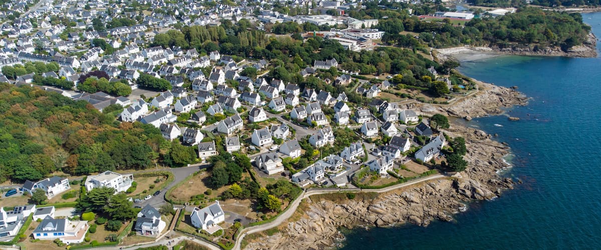 Aerial view of Concarneau, a medieval walled city in Brittany, France - Residential area on the outskirts of the town in the south of Finistère