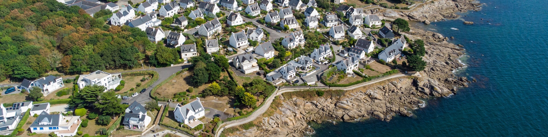Aerial view of Concarneau, a medieval walled city in Brittany, France - Residential area on the outskirts of the town in the south of Finistère