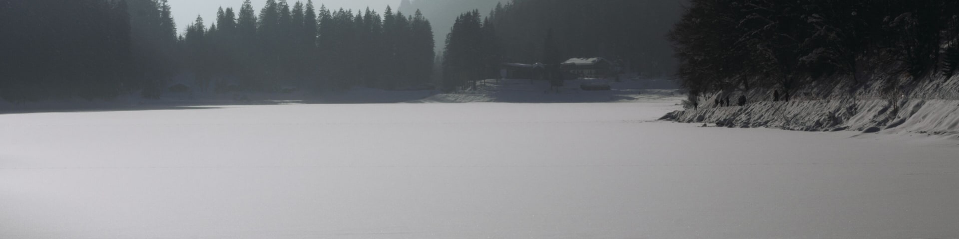 Lac enneigé en bord de forêt dans les Alpes, Morzine, France
