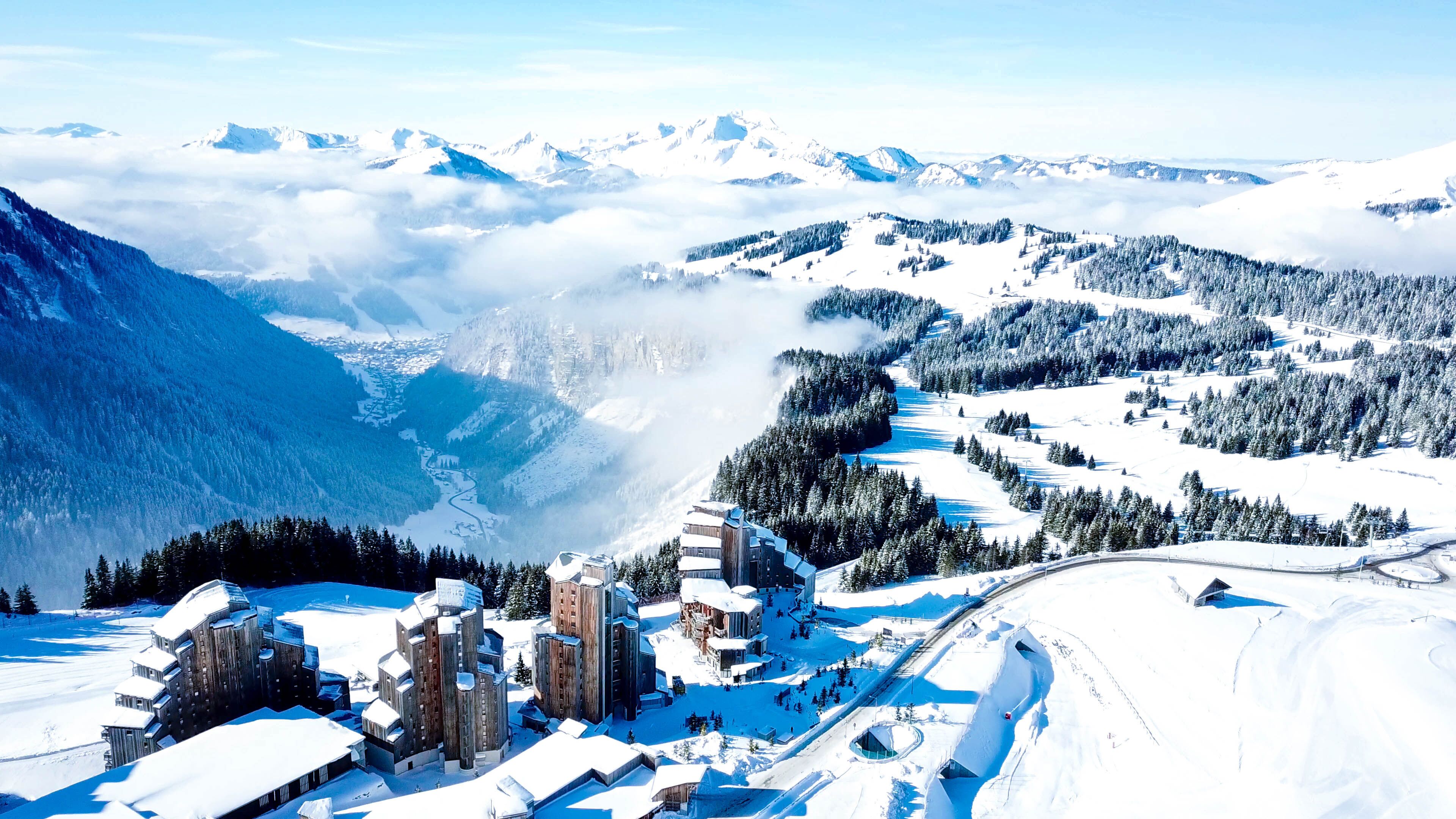 4k photo Avoriaz Morzine, French Alps, Snow Resort city, Aerial view , Rhone-Alpes, France, Europe