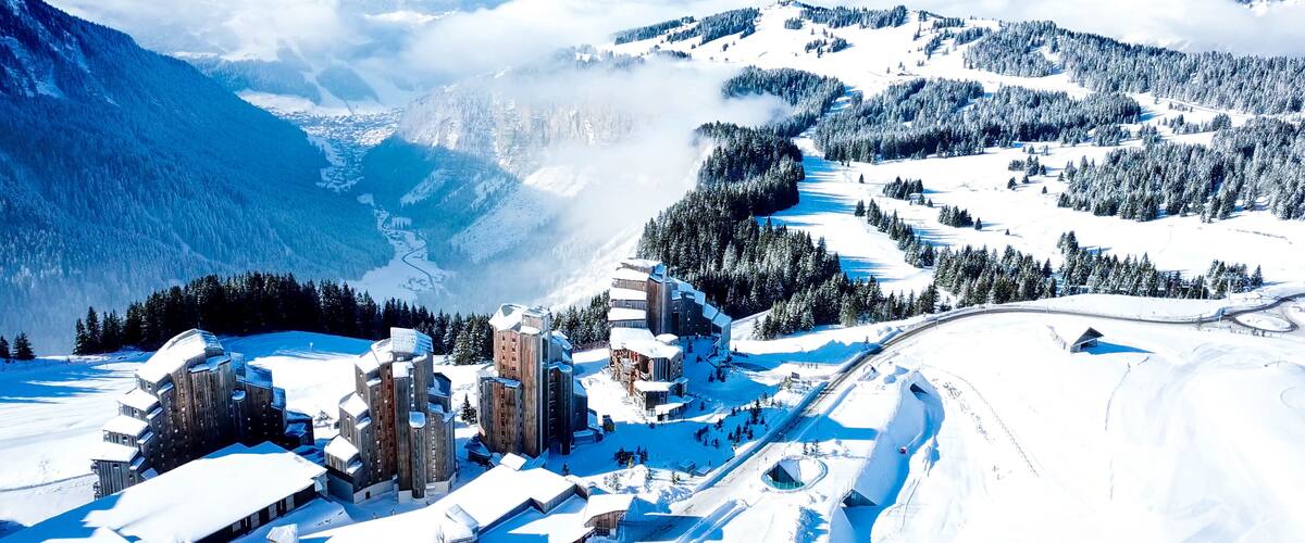 4k photo Avoriaz Morzine, French Alps, Snow Resort city, Aerial view , Rhone-Alpes, France, Europe