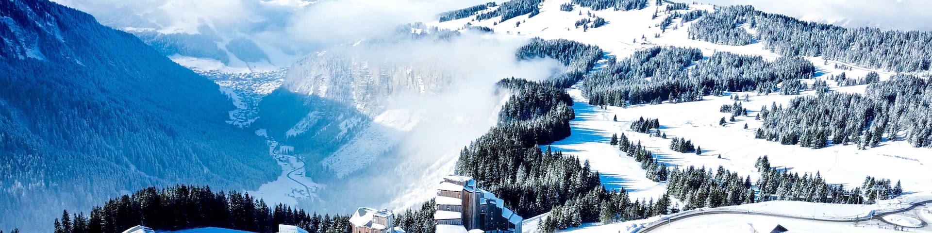 4k photo Avoriaz Morzine, French Alps, Snow Resort city, Aerial view , Rhone-Alpes, France, Europe
