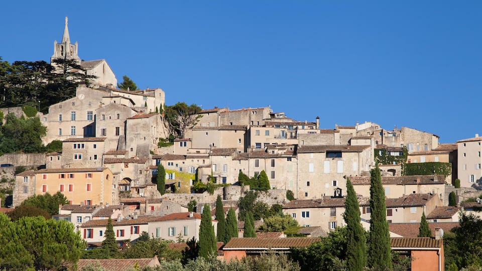 A historic town with a prominent church tower, terraced buildings, and lush greenery.