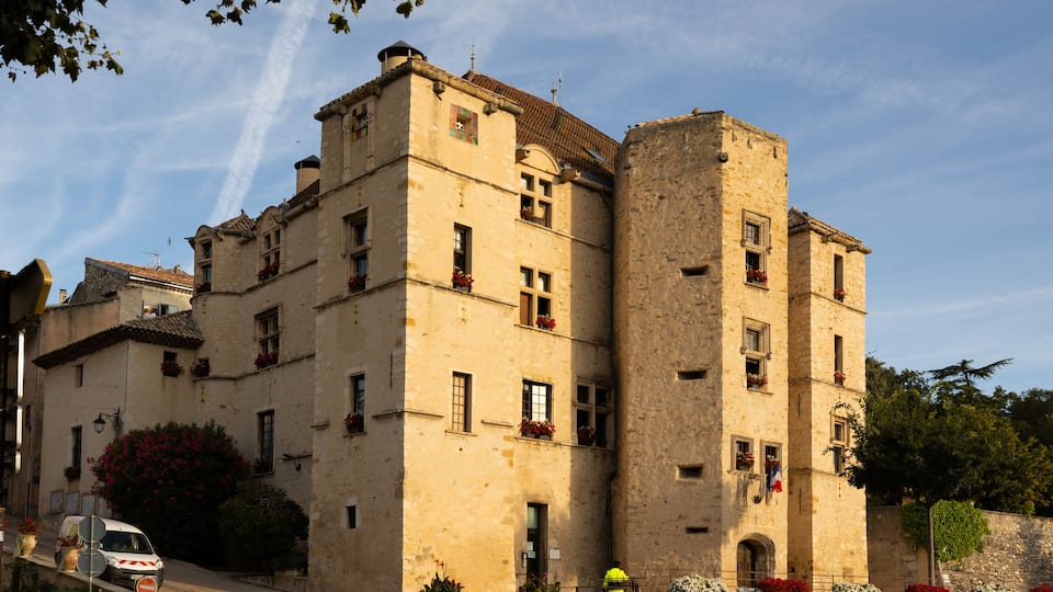 A historic building with a tower, surrounded by flowering plants and a clear sky.
