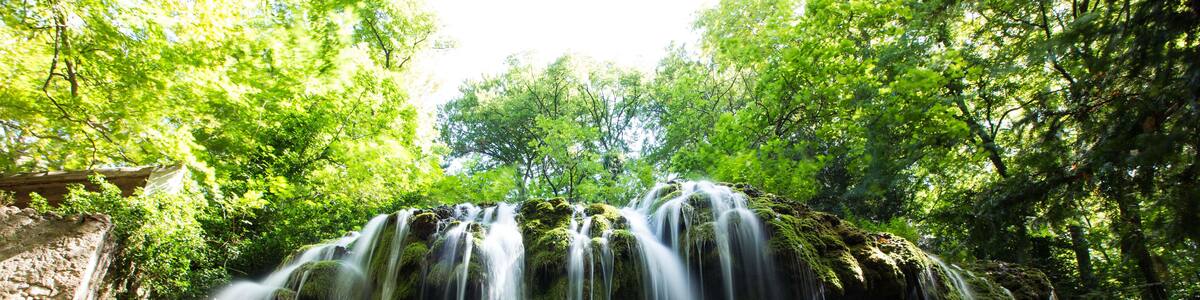 A multi-tiered waterfall surrounded by lush green foliage.