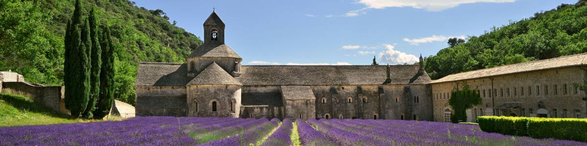 Panoramique Abbaye Notre-Dame-de-Senanque dans la lavande à Gordes (84220), département du Vaucluse en région Provence-Alpes-Côte-d'Azur, France