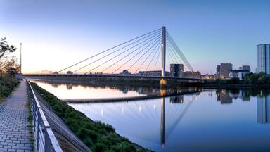A cable-stayed bridge over a calm river, with a city skyline in the background.