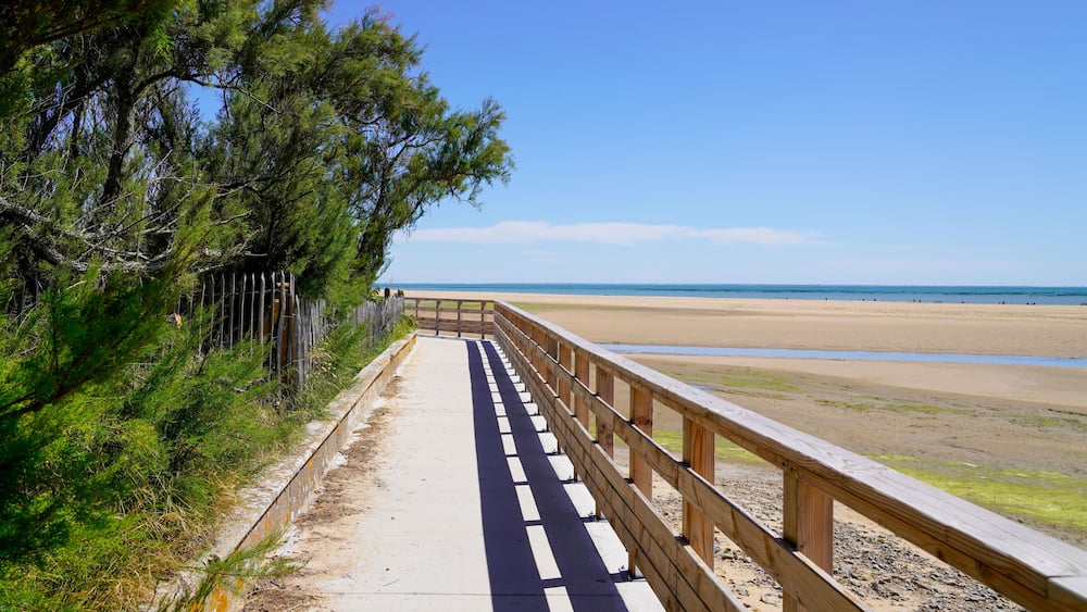 Ein hölzerner Steg führt zu einem Strand unter blauem Himmel.