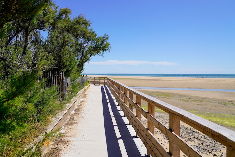 wooden pontoon walkway on sandy beach side in atlantic ocean coast horizon in Jard sur Mer in france