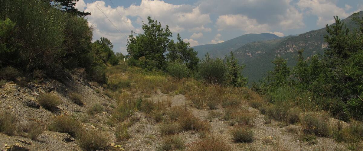 A mountainous landscape with rocky terrain, sparse vegetation, and a clear sky.